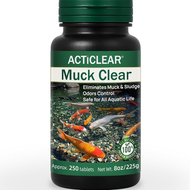 ACTICLEAR Muck Clear – Natural Pond Sludge Treatment, 250 Tablets for Ponds, Fountains & Bird Baths, Beneficial Bacteria & Enzymes, Chemical-Free & Safe for Fish, Pets & Wildlife - Image 1